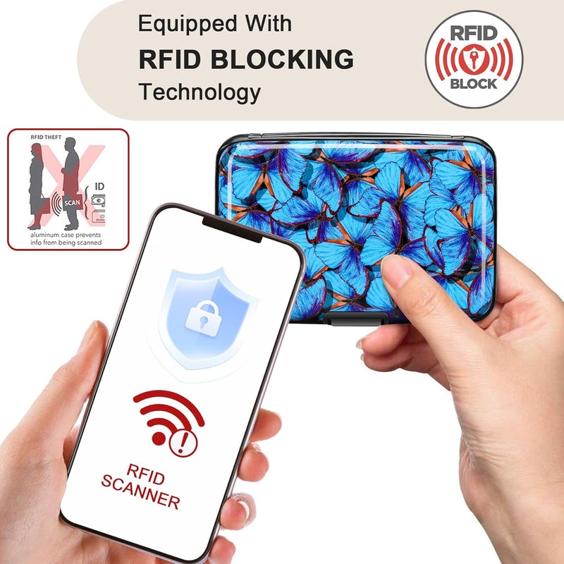 ELFISH RFID Blocking Credit Card Protector Aluminum ID Case Hard Shell Business Card Holders Metal Wallet for Men or Women (Blue Butterfly) - Image 2